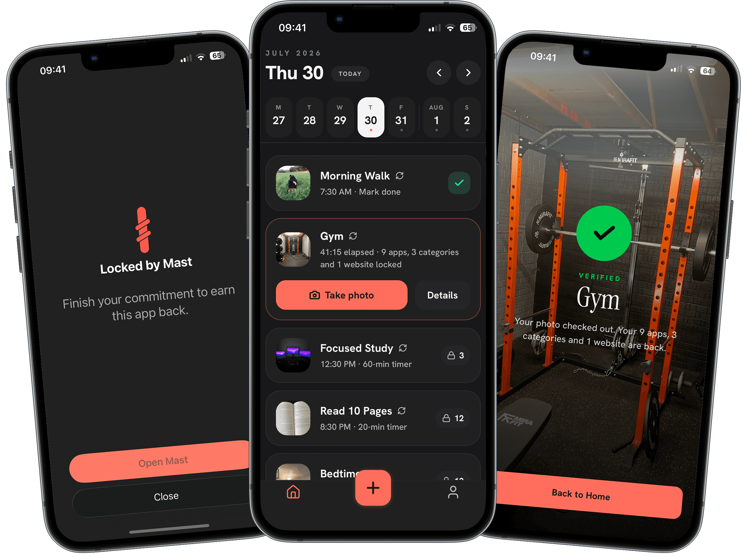 Mast app screens shown on three iPhones